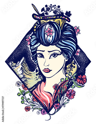 Geisha tattoo and t-shirt design. Symbol of Asia, Japan, China. Portrait of Maiko geisha tattoo art