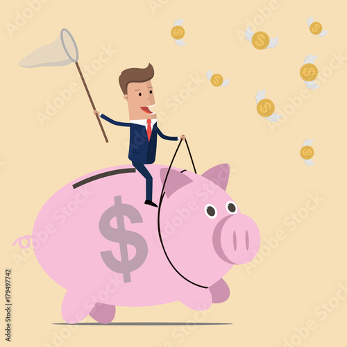 Businessman riding piggy bank catching coin. Vector illustration
