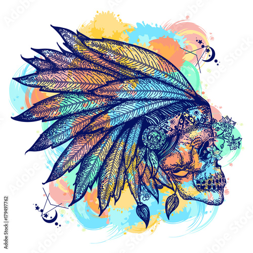 Indian skull color tattoo art. Warrior symbol. Native American indian feather headdress with human skull t-shirt design. Wild west water color splashes tattoo