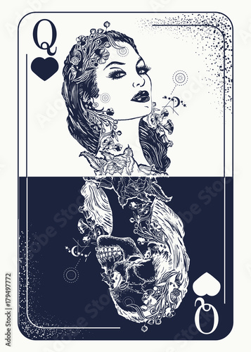 Queen playing card tattoo and t-shirt design. Beautiful girl and skeleton, Gothic playing card. Symbol of gamblings, tarot cards, success and defeat, casino, poker