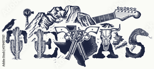 Texas tattoo and t-shirt design. Texas slogan. Mountains, revolvers, skull bison, cactus, guitar. American art. USA art, Symbol of prairies, wild west, blues music