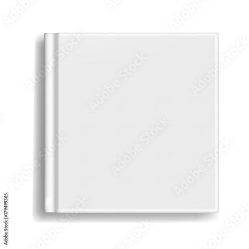 Square vector blank realistic book, closed organizer or photobook cover template. Front view of notepad or diary with binding mockup for catalog, children book, menu