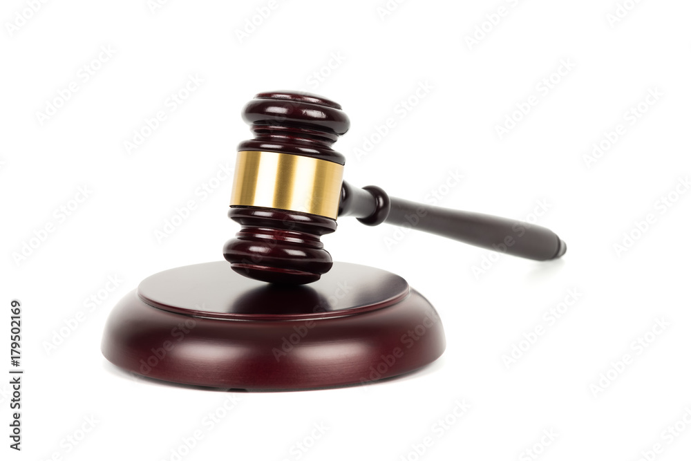 Wooden judge gavel and soundboard on white background Wooden judge gavel and soundboard on white background