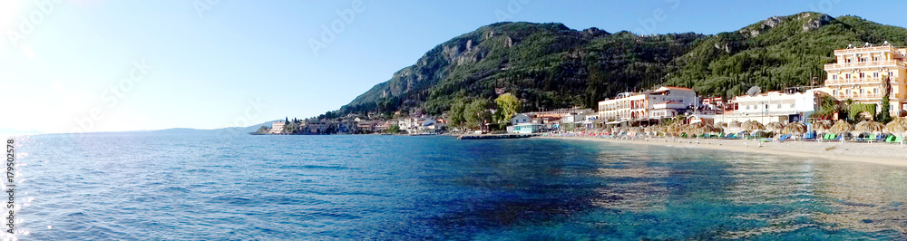 panorama blue lagoon coast landscape ionian sea on Corfu island