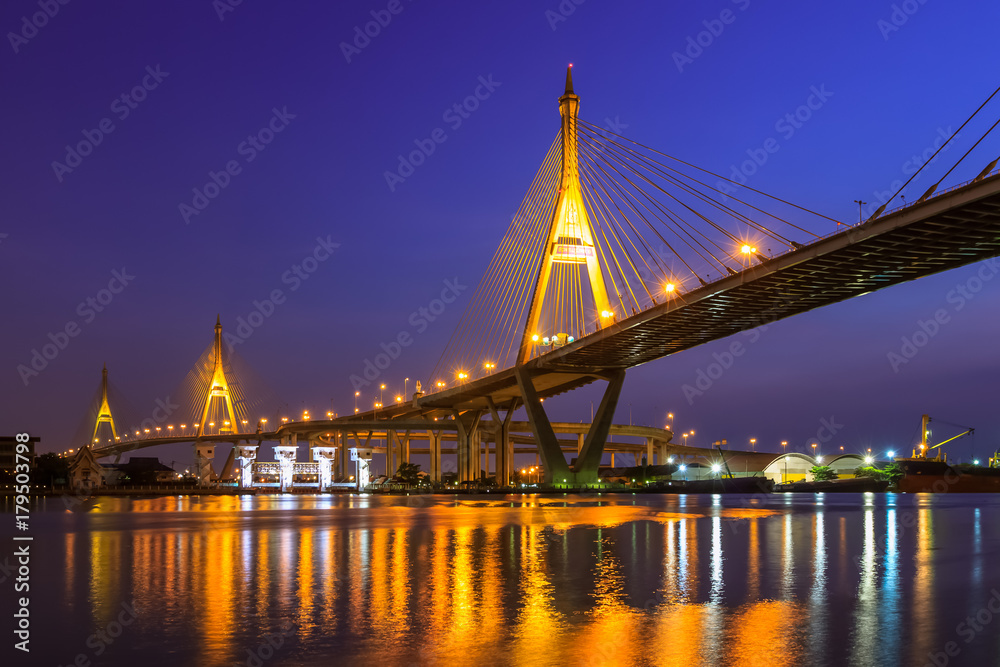 Bangkok, Thailand -  October 28, 2012: Bhumibol Bridge 1 and 2, the largest bridge over Chao Phraya river at twillight