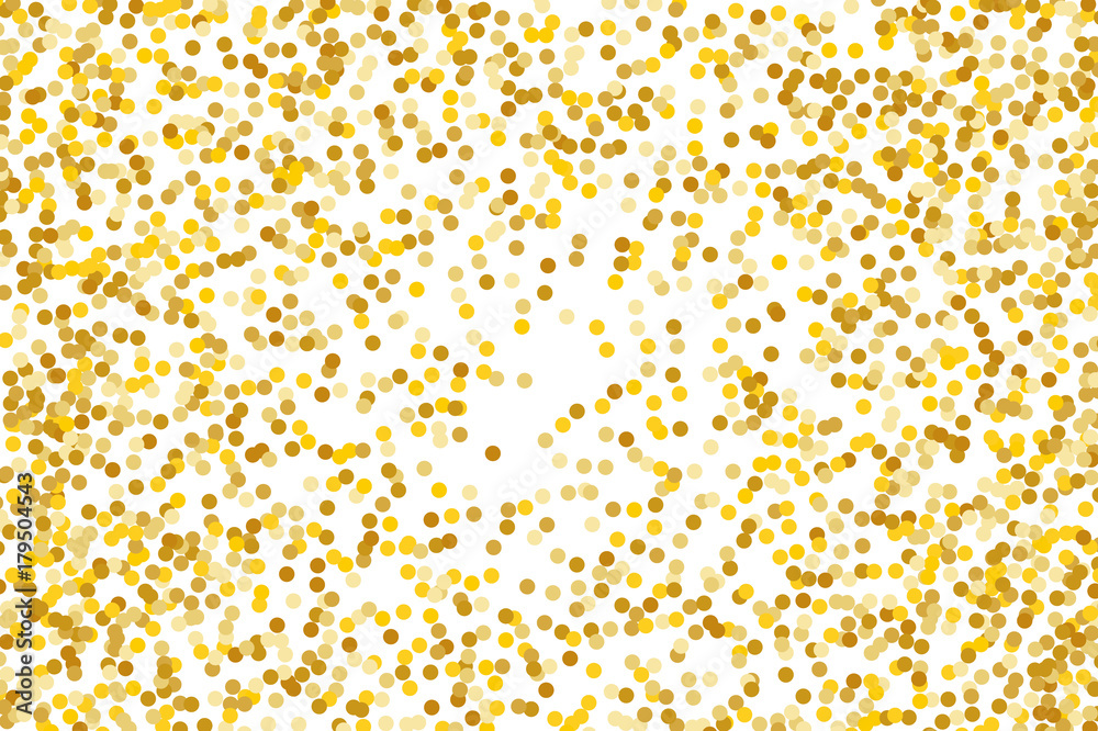 Background with Golden glitter, confetti. Gold polka dots, circles, round.  Typographic design. Bright festive, festival pattern