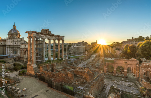 Rome, Italy - The Imperial Fora archeological ruins, at the dawn.