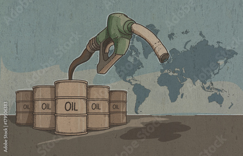 Canvastavla Illustrazione di barili di petrolio con pompa della benzina, Aumenti del prezzo