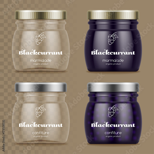 Glass jars with marmalade and confiture. Empty glass jars on transparent background. Vector illustration