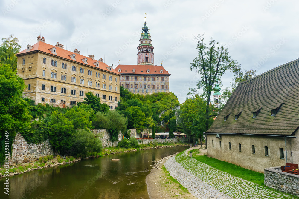 Medieval castle in Cesky Krumlov in the Czech Republic in September on the Vltava River