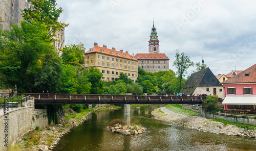 Krumlov Castle and pedestrian bridge across the Vltava in Cesky Krumlov in the Czech Republic in September