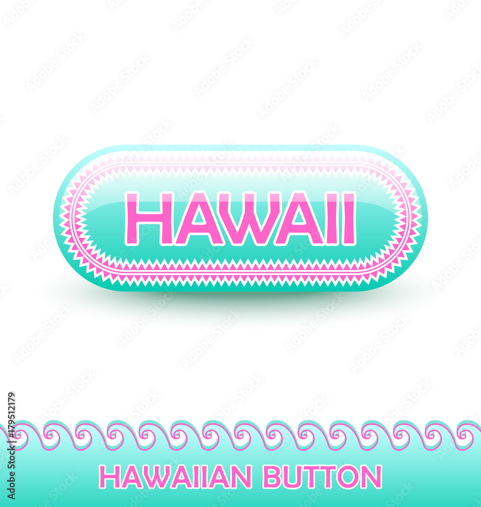Rounded and glossy Hawaiian button with traditional polynesian decoration and lettering Hawaii