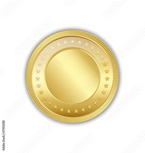 Golden token decorated with stars placed on white background photo