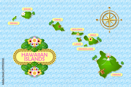 Rough and not detailed Hawaiian islands on the waves of Pacific ocean with traditional folk floral decoration sign.