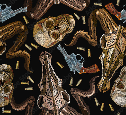 Embroidery skulls and guns seamless pattern. Wild west embroidery old revolvers and human skulls, bull skull, gangster gothic western clothes background