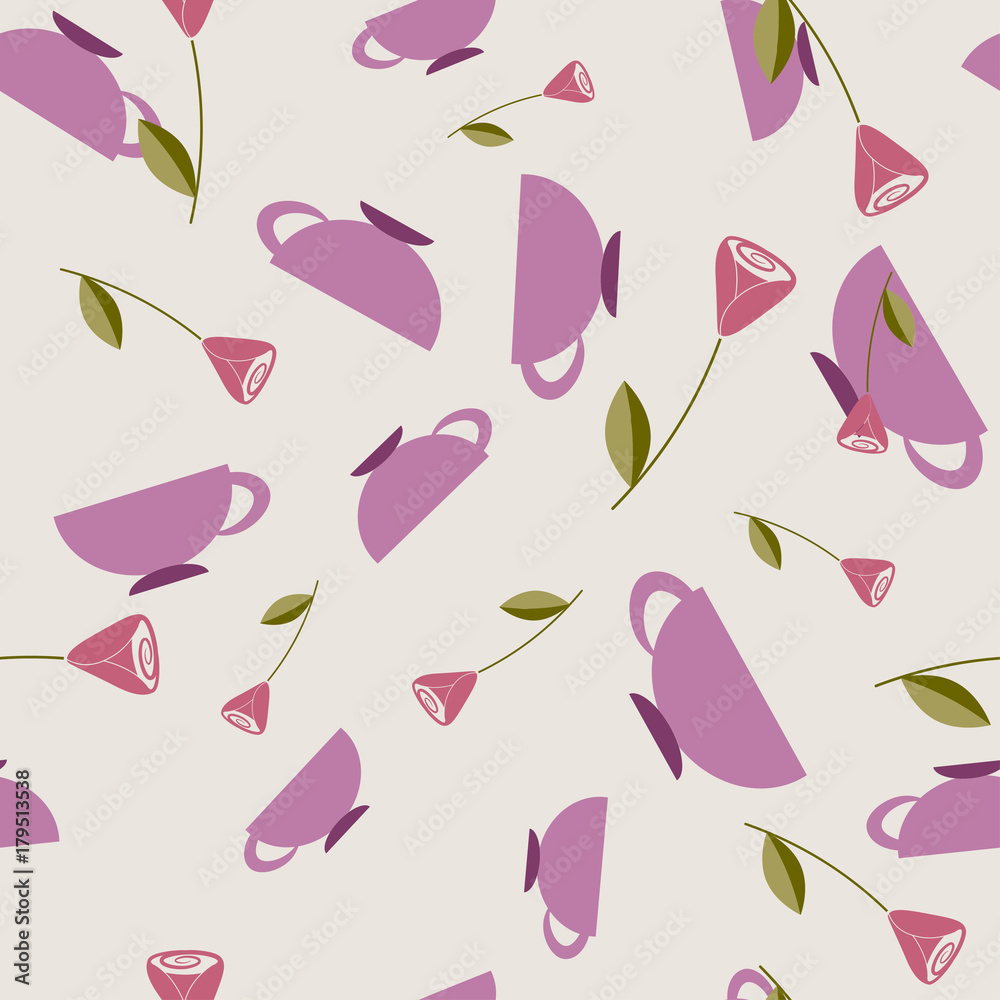 Seamless pattern with cups and roses. Vector. Seamless pattern with cups and roses. Vector.