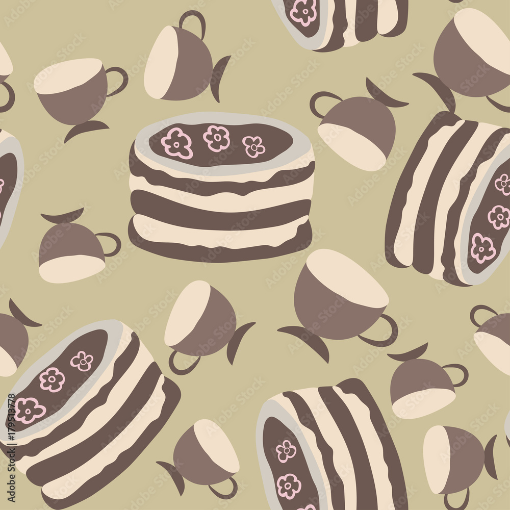 Seamless background with cakes with cream and cups.