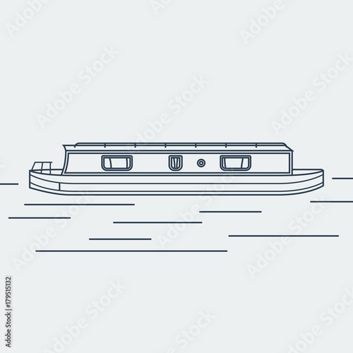Editable Side View Narrow Boat Vector Illustration in Outline Style for Transportation or Recreation of United Kingdom or Europe Related Design