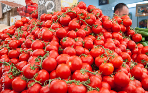 New tomatoes for sale at Mahane Yehuda Market, popular marketplace in Jerusalem, Israel
