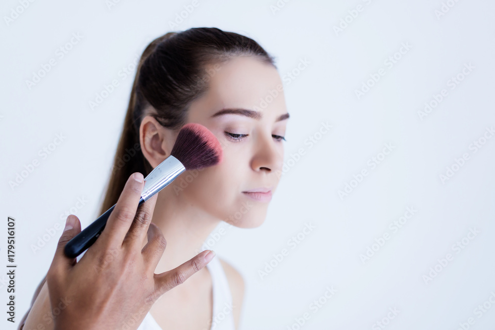 beauty concept with beautiful caucasian girl blond hair makeup isolate white background with free copysapce for your text beauty concept with beautiful caucasian girl blond hair makeup isolate white background with free copysapce for your text
