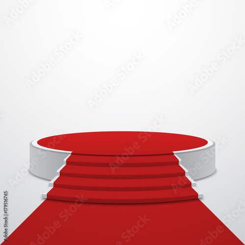 Round pedestal with stairs and red carpet, vector design