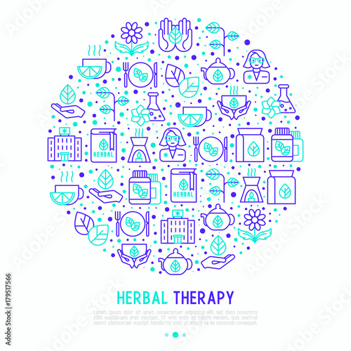 Herbal therapy concept in circle with thin line icons: herbalist, decoction, aromatic oil, oil burner, tea. Vector illustration for banner, web page, print media.