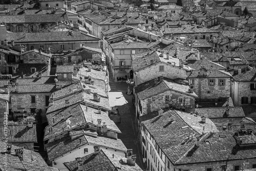 Black and white view of the town from Palazzo dei Consoli in Gubbio, Umbria, Italy