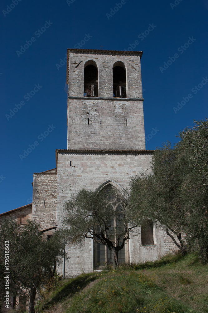 The medieval steeple of the Cathedral in Gubbio, Umbria, Italy