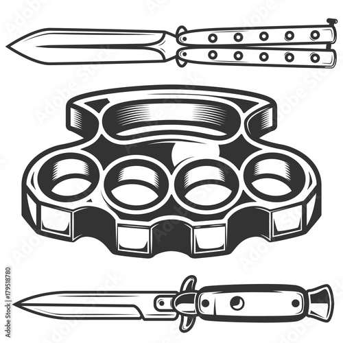 Brass knuckles, knives isolated on white background.
