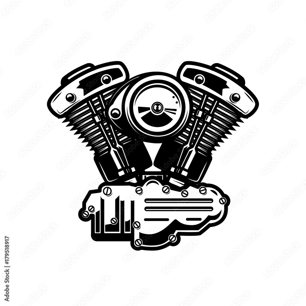 Motorcycle engine illustration on white background.