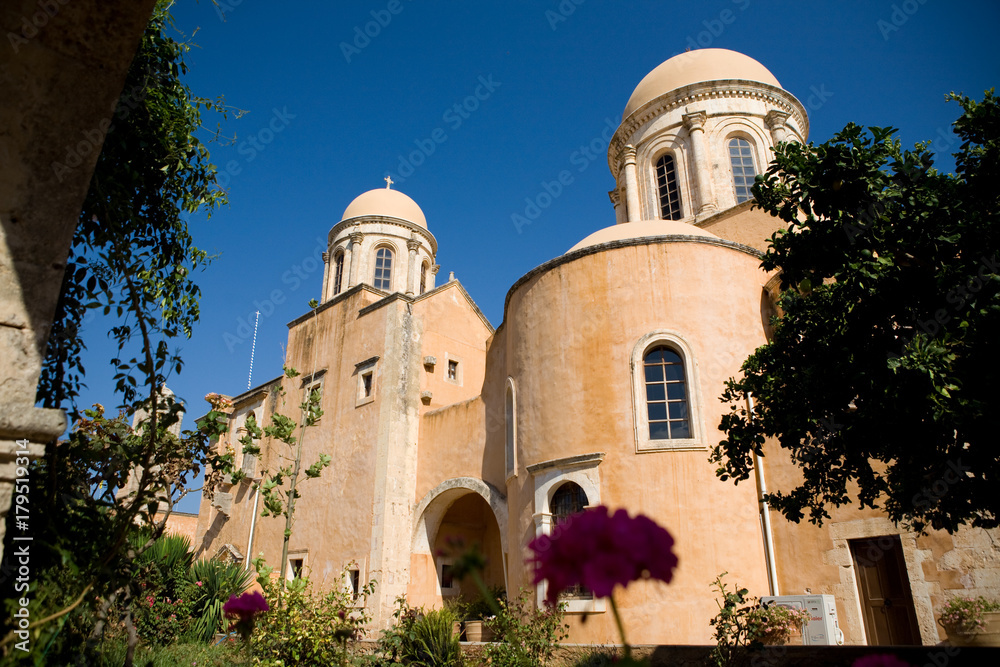 Fototapeta premium Santorini, Greece - church with blue dome on blue sky background
