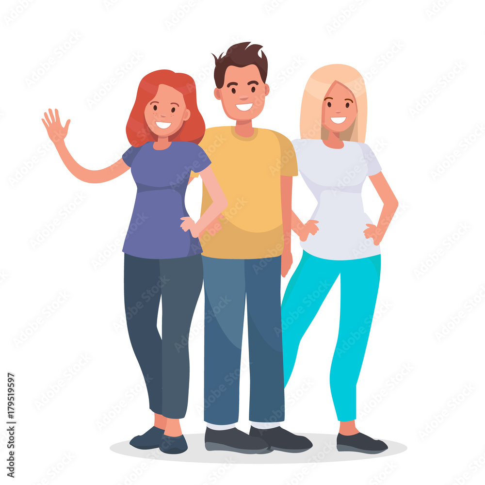 Group of happy people on isolated background. Young people standing together. Vector character avatars. Group of happy people on isolated background. Young people standing together. Vector character avatars.
