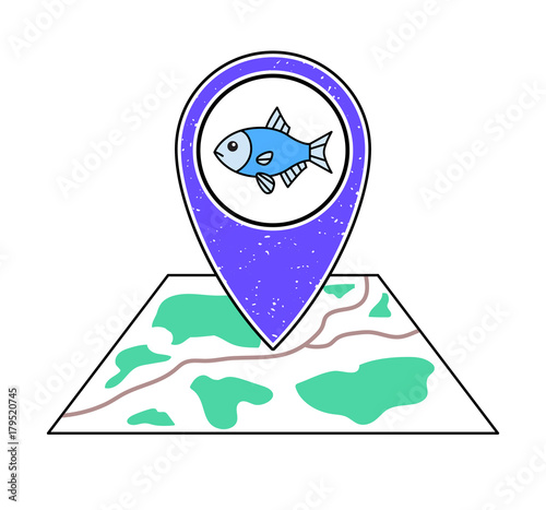 Textured violet geotag pointing at a map, blue fish. River, lake, sea, ocean fishing symbol.Pet shop icon.Oceanarium/ aquarium/ zoo location on a city plan.Fish shop, market, supermarket section sign.