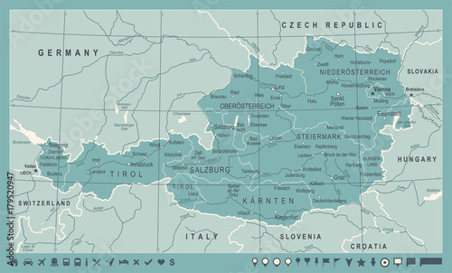 Tablou canvas Austria Map - Vintage Vector Illustration