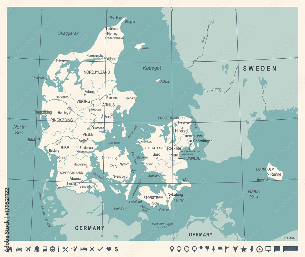 Denmark Map - Vintage Vector Illustration