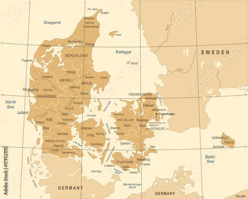 Denmark Map - Vintage Vector Illustration