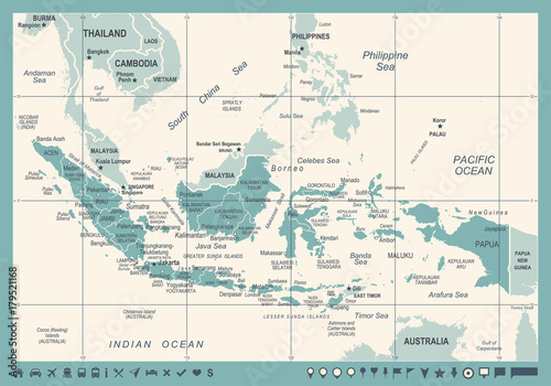 Indonesia Map - Vintage Vector Illustration