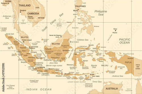 Fototapeta Naklejka Na Ścianę i Meble -  Indonesia Map - Vintage Vector Illustration