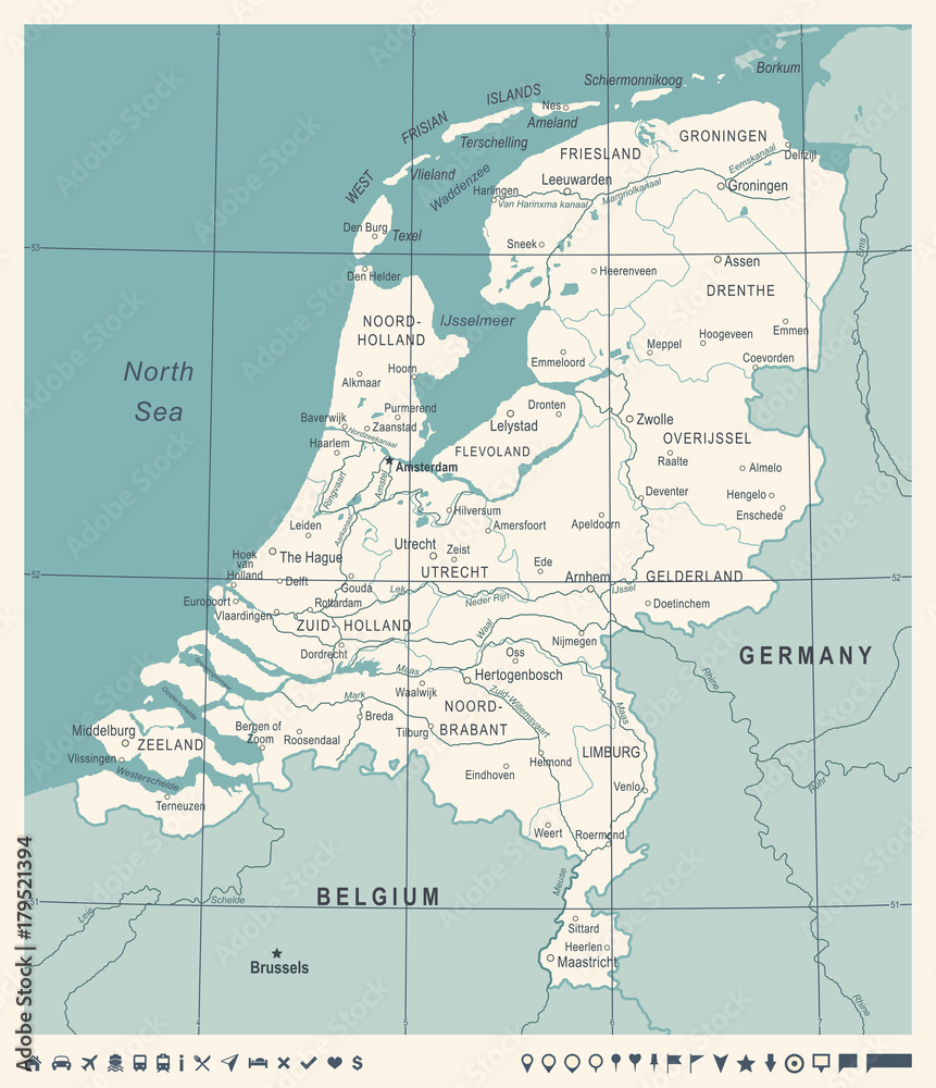 Fototapeta premium Netherlands Map - Vintage Vector Illustration