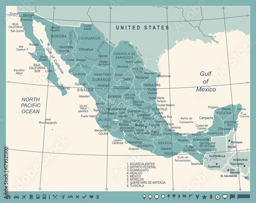 Mexico Map - Vintage Vector Illustration