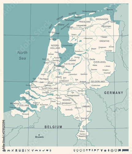 Netherlands Map - Vintage Vector Illustration