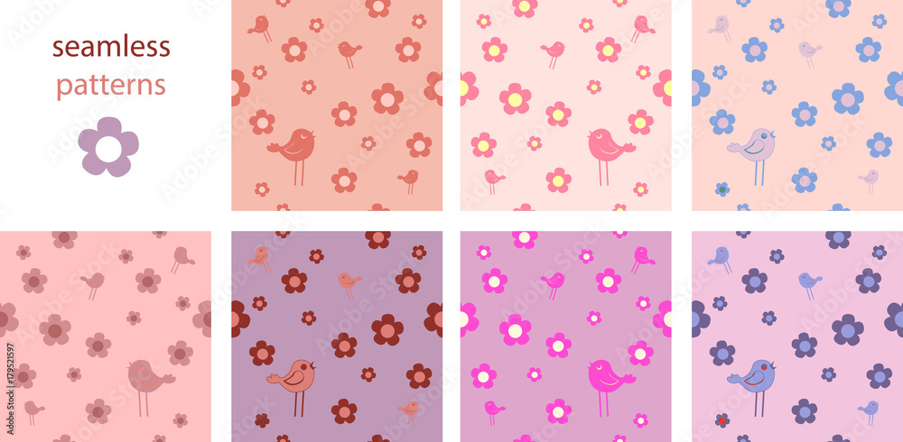 A collection of funny cute cartoon seamless pastel purple and pink patterns with birds and flowers A collection of funny cute cartoon seamless pastel purple and pink patterns with birds and flowers