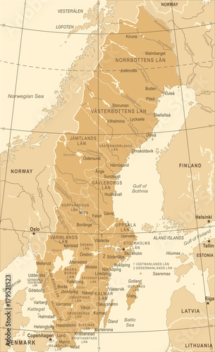 Billede på lærred Sweden Map - Vintage Vector Illustration