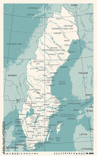 Billede på lærred Sweden Map - Vintage Vector Illustration