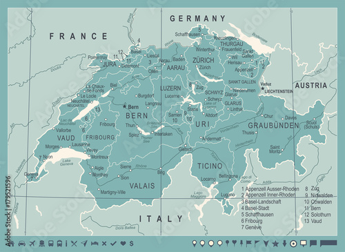 Fototapeta Switzerland Map - Vintage Vector Illustration
