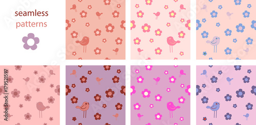 A collection of funny cute cartoon seamless pastel purple and pink patterns with birds and flowers