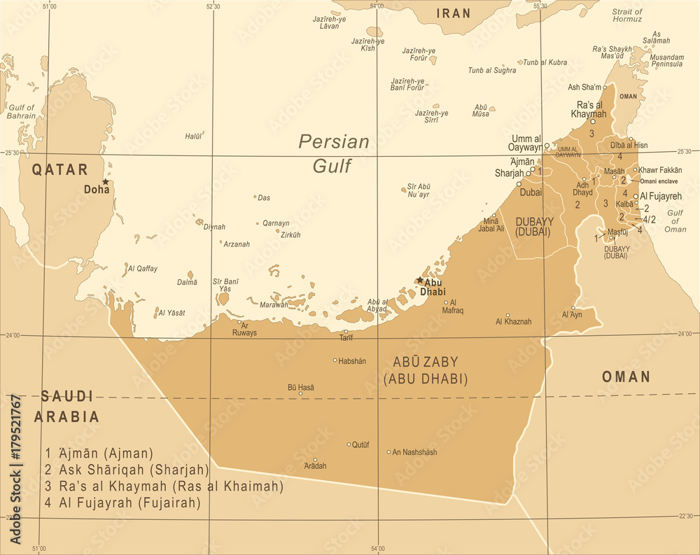 United Arab Emirates Map - Vintage Vector Illustration