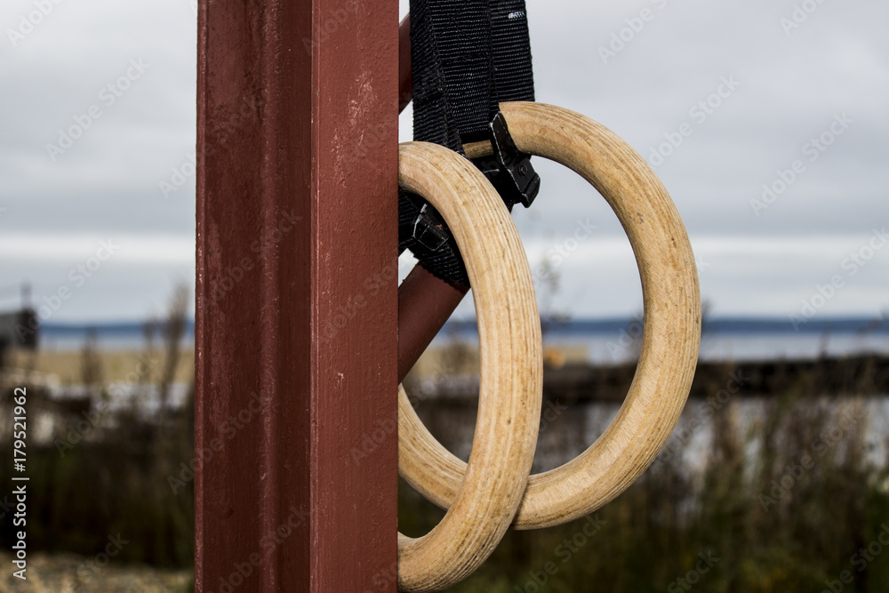 athletics rings on a lake background