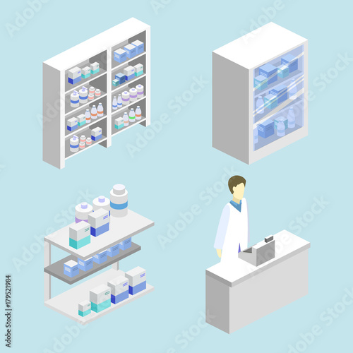Isometric interior of pharmacy. Flat 3D infographic illustration