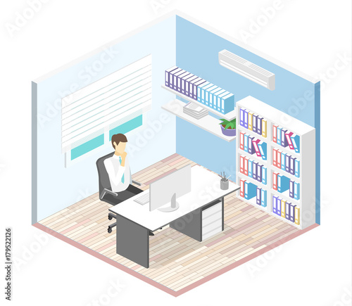 isometric interior of director's office. Flat 3D illustration cabinet.